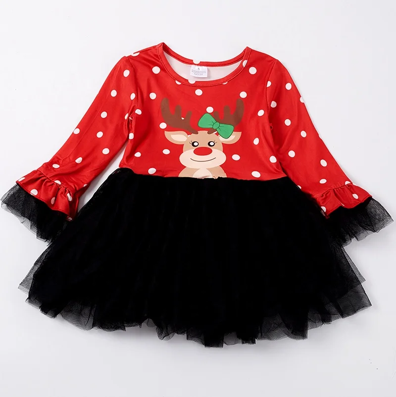 Girlymax 2023 Christmas Reindeer Polka Dot Black Veil Skirt Long Sleeve and Knee Length Boutique Baby Girls Dresses