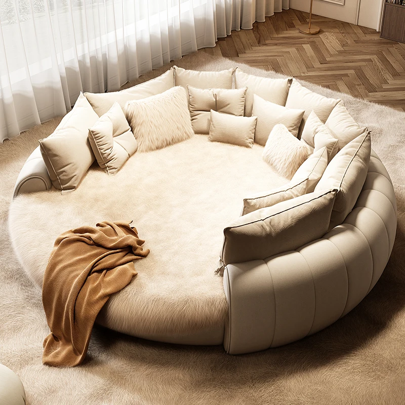 Italian modern Luxury Puff Cream lit rond round rotating circle Bed king size mattress Ins Luxury Soft Senna Round Bed frame