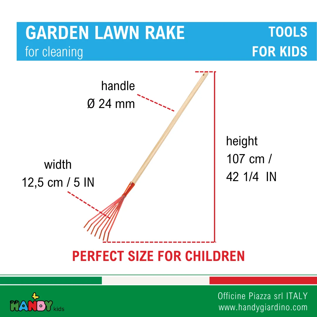 High Quality Steel Small Lawn Rake with 7 Tines and Wooden Handle Set of Kids Outdoor Play Garden or Beach Tools for Sandplay