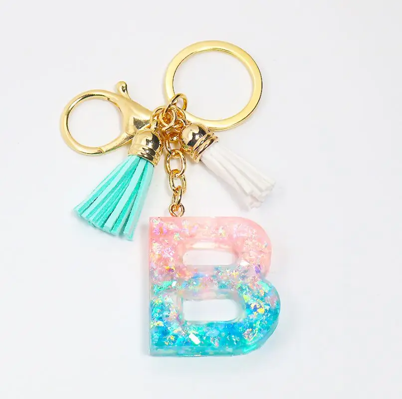 26 English word Letter Keychain,sparkle Glitter shell paper Resin keyring Tassel A TO Z Handbag Charms for Woman