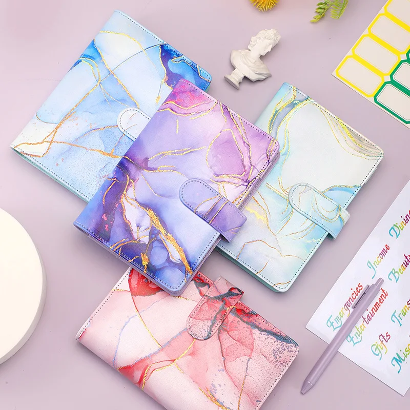 Factory fast delivery A6 Marble 6 Ring Binder Binding Leather Cash Money Budget Binder Planner refillable binder notebook