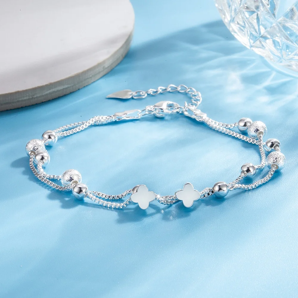 Two-double Box Chain Beaded Bracelet Wholesale Chinese Jewelry Fashion Women 925 Sterling Silver 4 Leaf Clover Flower Bracelet