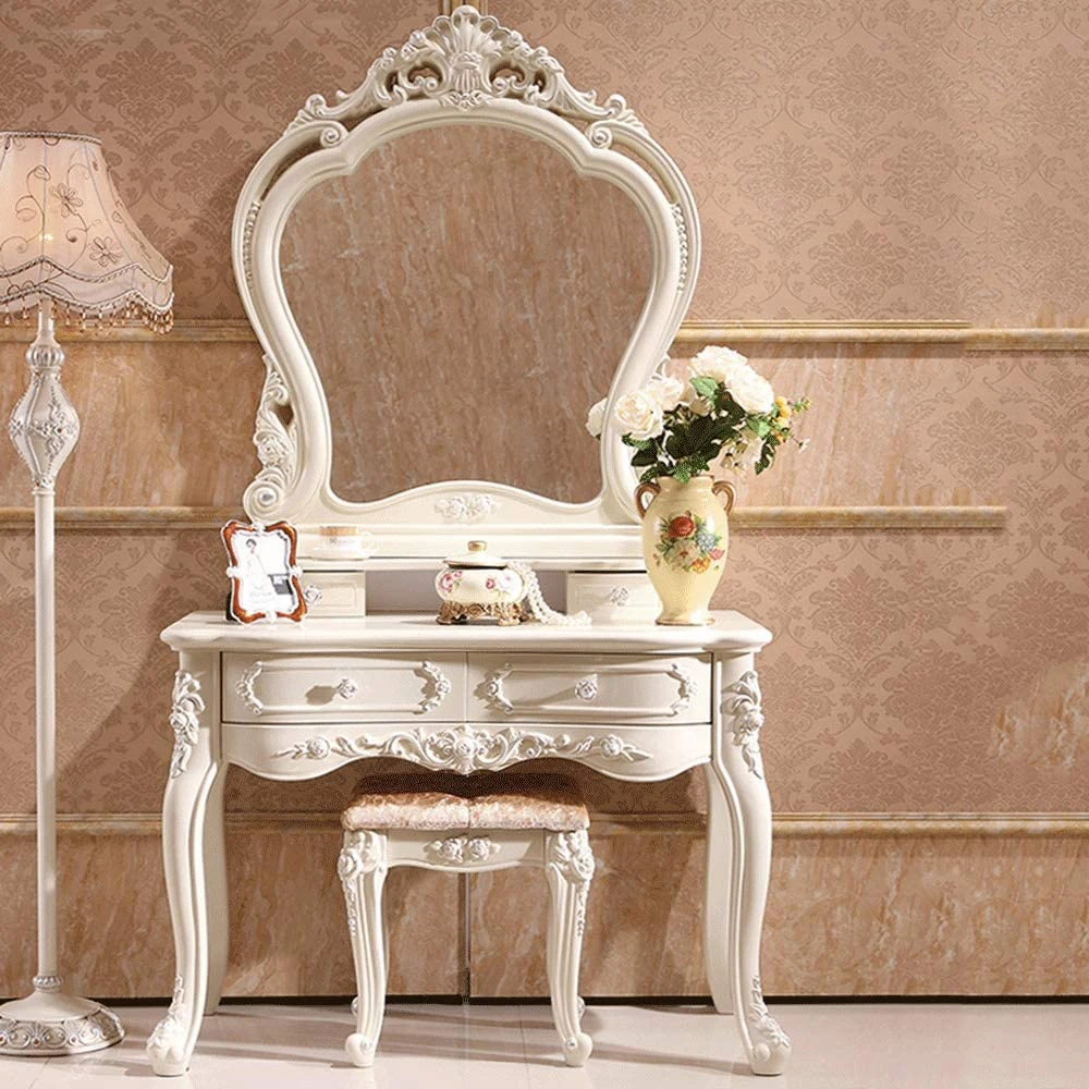 Princess Luxury Bedroom Apartment European Modern Carved Silver Makeup Dresser Mirror Stool Desks Solid Wood Dressing Tables