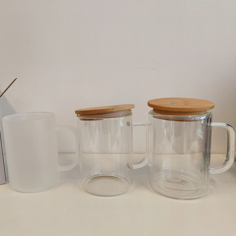 Coffee Mugs Double Wall Glass Sublimation15 Oz Beer Mug US Wholesale DIY Clear Beer Glass with Handle and Bamboo Lids Wine 16oz
