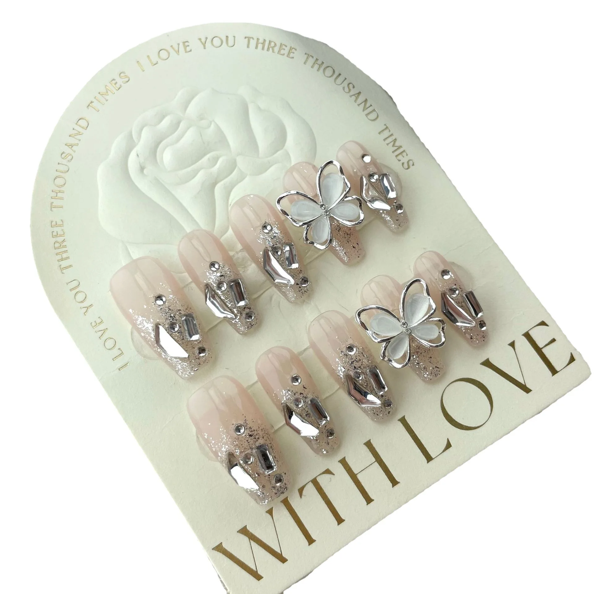 Wholesale Custom Luxury Bling Stones Press On Nails  Medium Coffin Heart Pearl French Tip Nails Manicure Acrylic Stick On Nails