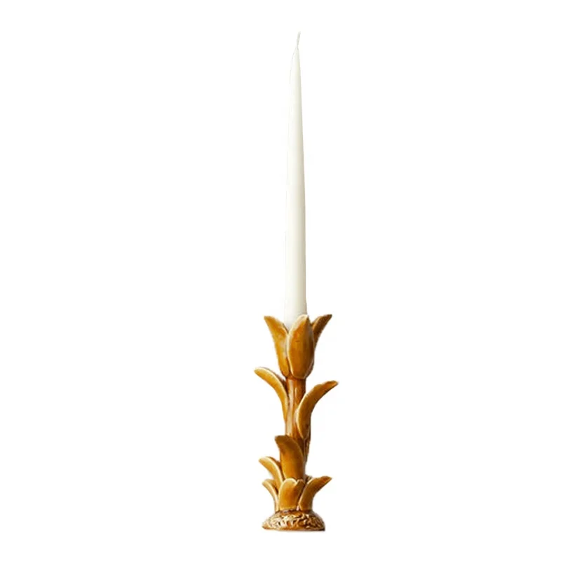 Custom green tulip candelabra ceramic black magnolia pillar candle stand porcelain white floral taper candlestick holder
