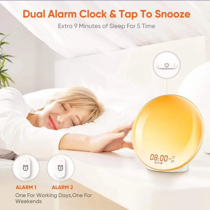 Smart Wake Up Light Sunrise Alarm Clock LED Colorful Atmosphere Lamp Kids Adults Bedrooms Night Light