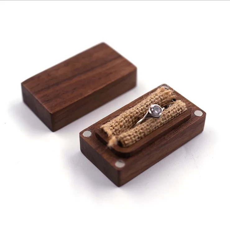 Custom printed LOGO solid wood ring box black walnut wood handmade jewelry box with strong magnet