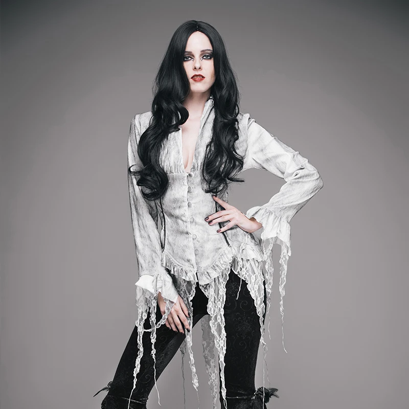 ESHT002 Eva lady brand steampunk hand painted white gothic women blouse with lace tassels