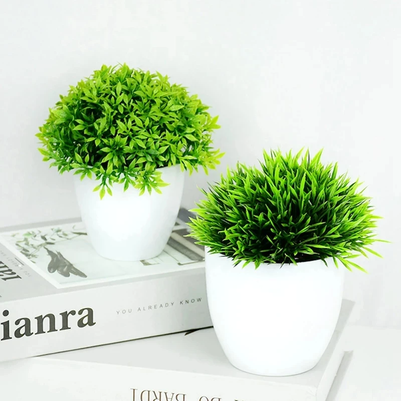 Artificial Plants Potted Green Bonsai Small Grass Plants Pot Ornament Fake Flowers for Home Garden Decoration Wedding Party