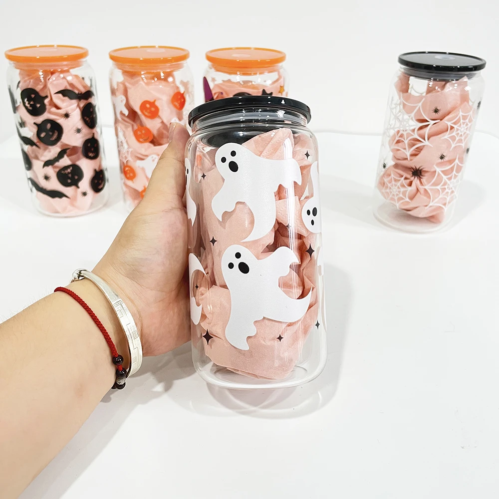 16oz Halloween design 3D touch UV printing beer glass can with plastic lid and clear PP straw Halloween printed glass can