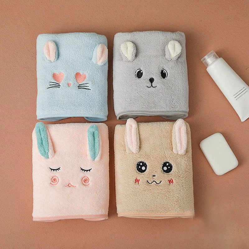 Wholesale Cartoon 3d Cute Rabbit Ears Dry Hair Towel Thickened Coral Fleece Towel Embroidery Adult Daily Wash Towel