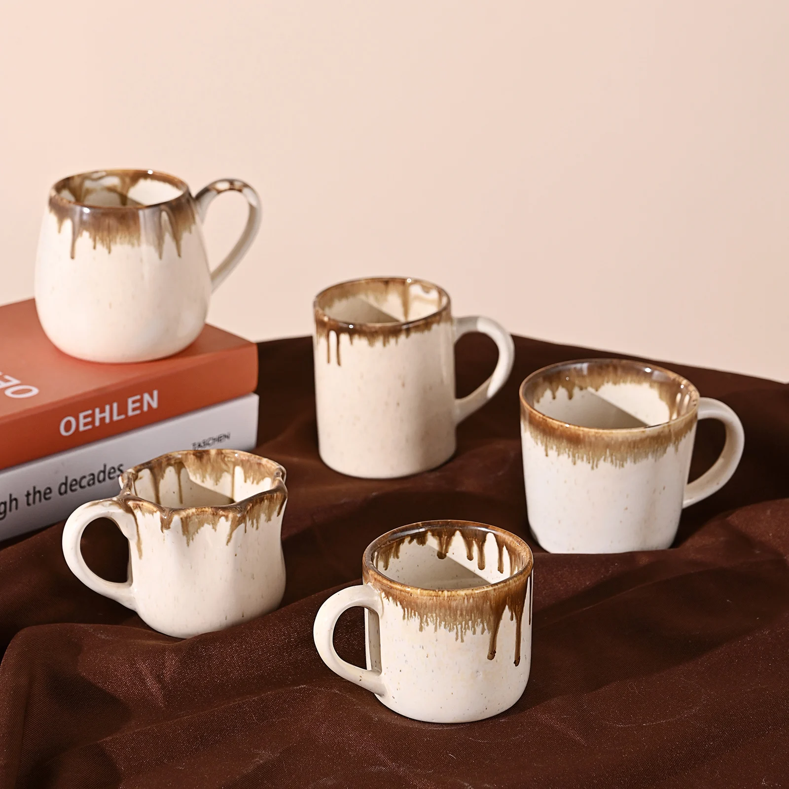 Creative Coffee Mugs Custom Logo Printed Rustic Bulk Checked Cups Reactive Cream Flowing Glaze Effect for Home Bar Restaurant