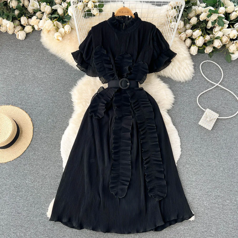 Wholesale Summer 8 Colors Woman Clothing Ladies Elegant Pleated Short Sleeve Midi Dress With Belt