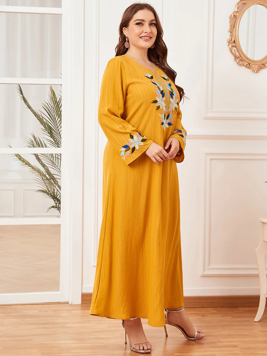 2021 women embroidered dress yellow printed muslim dress
