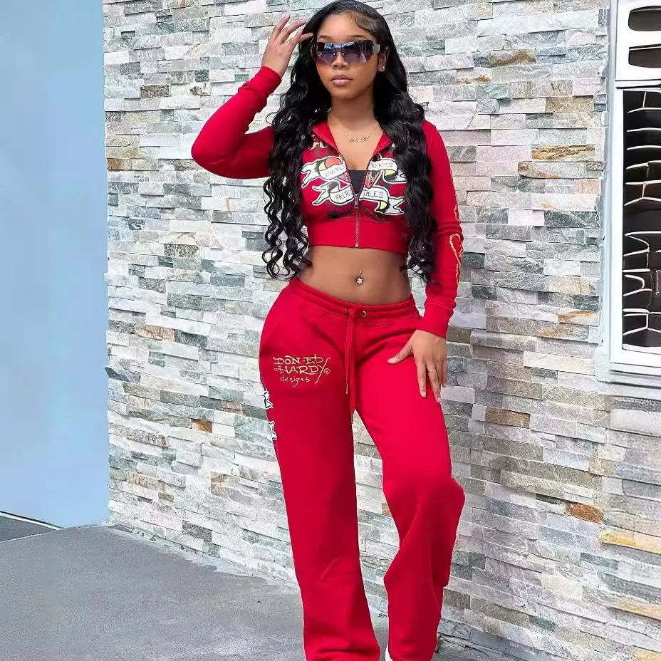 Fashion casual street multicolor printed long sleeved top two-piece set
