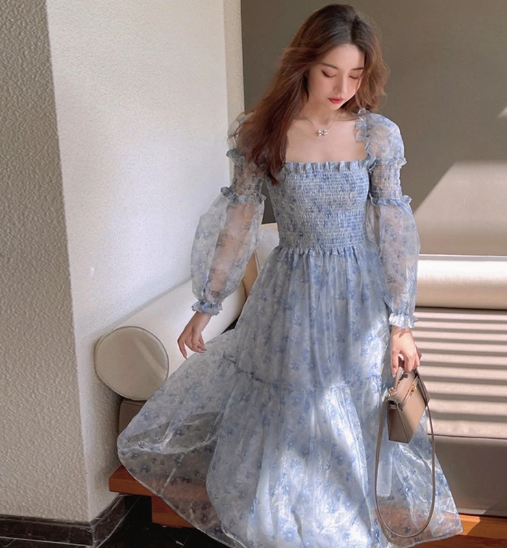 Boho Beach Floral Summer Dress Elegant Lace Puff Sleeve Midi Dress Women Square Collar Female Party One Piece Dress Korean