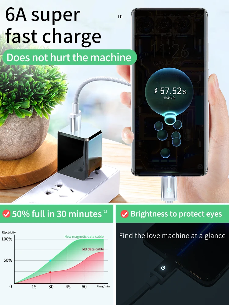 Hot Sell 6 A Fast Charging 3 in 1 Micro Type-C Lightning USB Port  Cable Magnetic Charging Cable for iPhone 14 Samsung Huawei