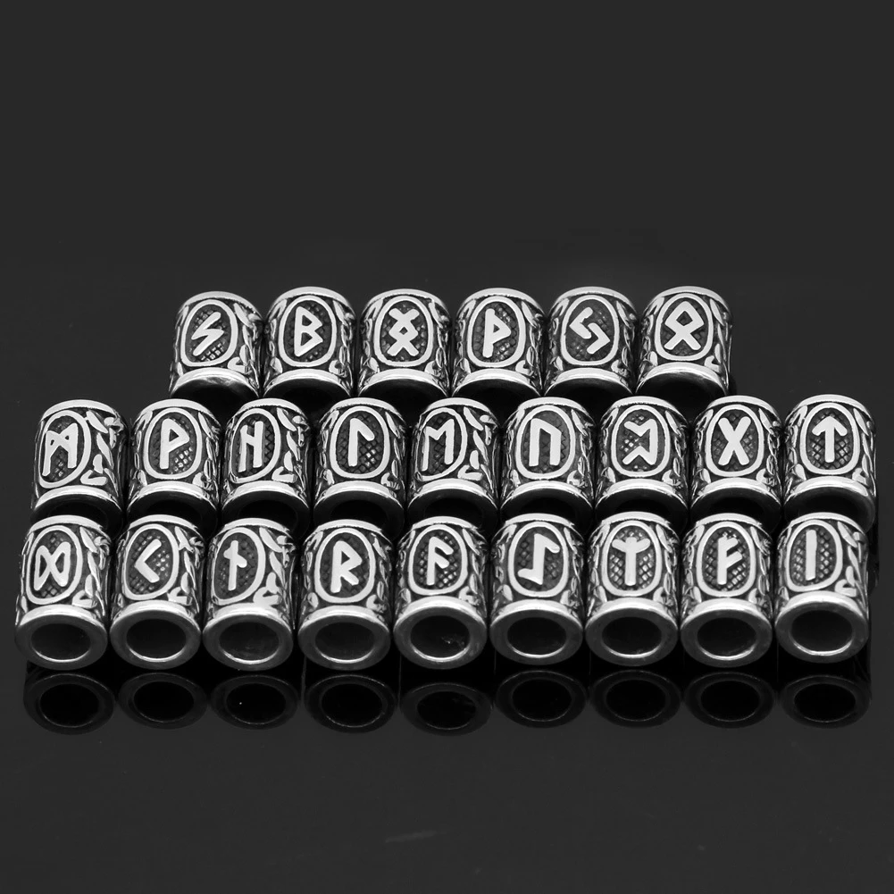 6mm  8mm Stainless Steel Viking Rune Beard Beads Set of 24 Ornaments Bracelet Spacer Bead  Jewelry Accessories Wholesale ZZCP006