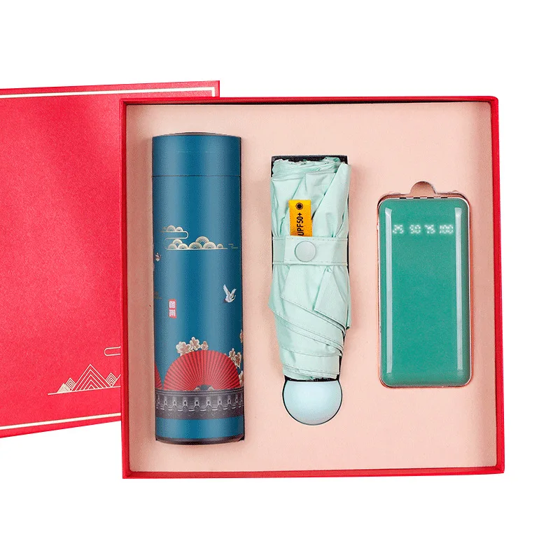 Company  business Electronic Promotional Office Products gift set vaccum cup & umbrella & power bank 10000mah gift sets