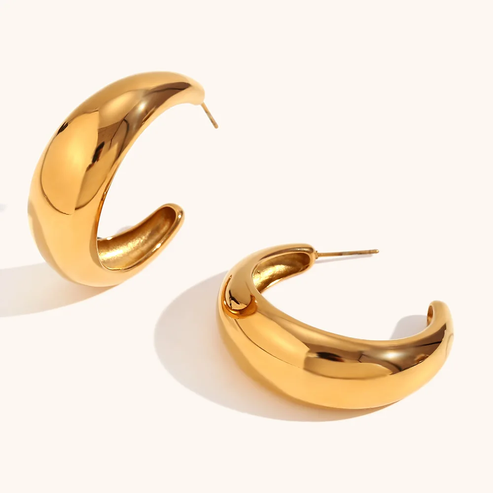 Mifen New Simple 18K Gold PVD Plated Smooth Open C-shaped Stainless Steel Hoop Earrings Waterproof Crescent Trendy Jewelry