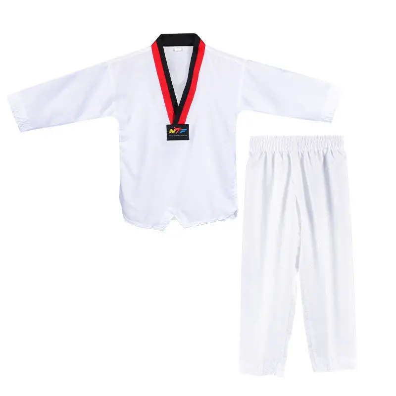 Custom logo uniforme de taekwondo white V-collar WTF taekwondo uniform for kids