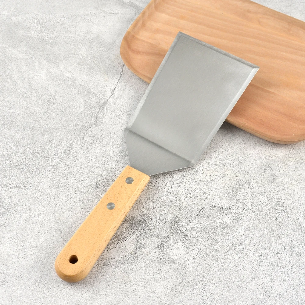 Stainless Steel Grill Tools Kitchen Frying Shovel Cooking Turner Flat Shovel Steak BBQ Spatula with Wood Handle
