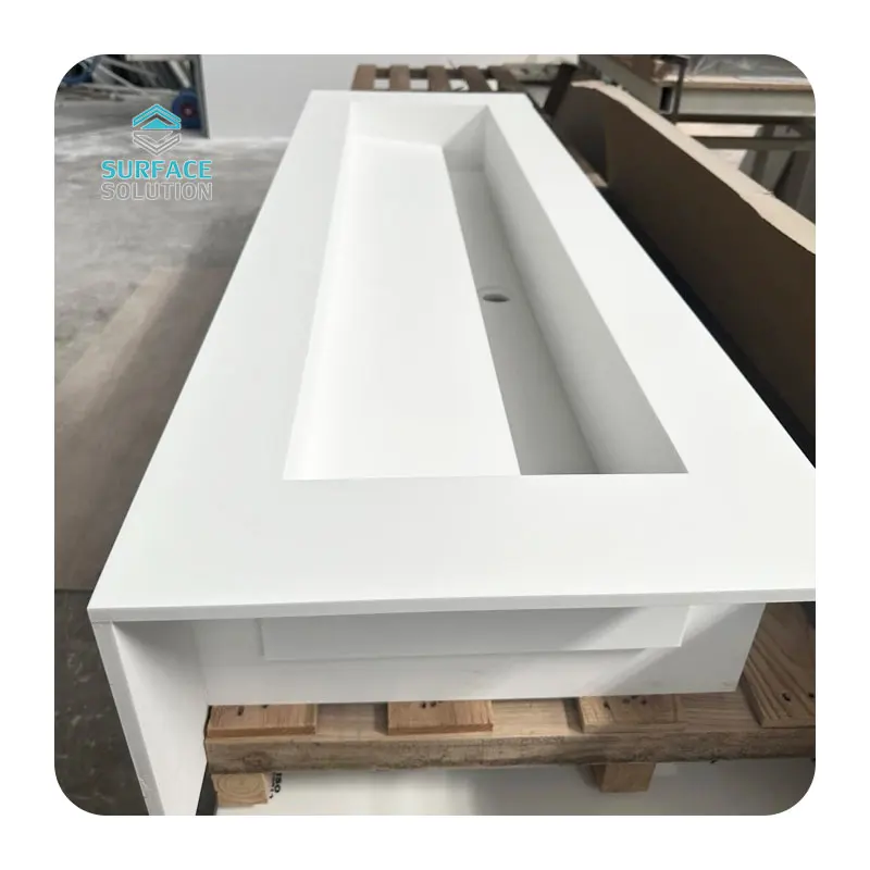 Modern white color artificial stone korean acrylic solid surface double basin bathroom vanity top with sink