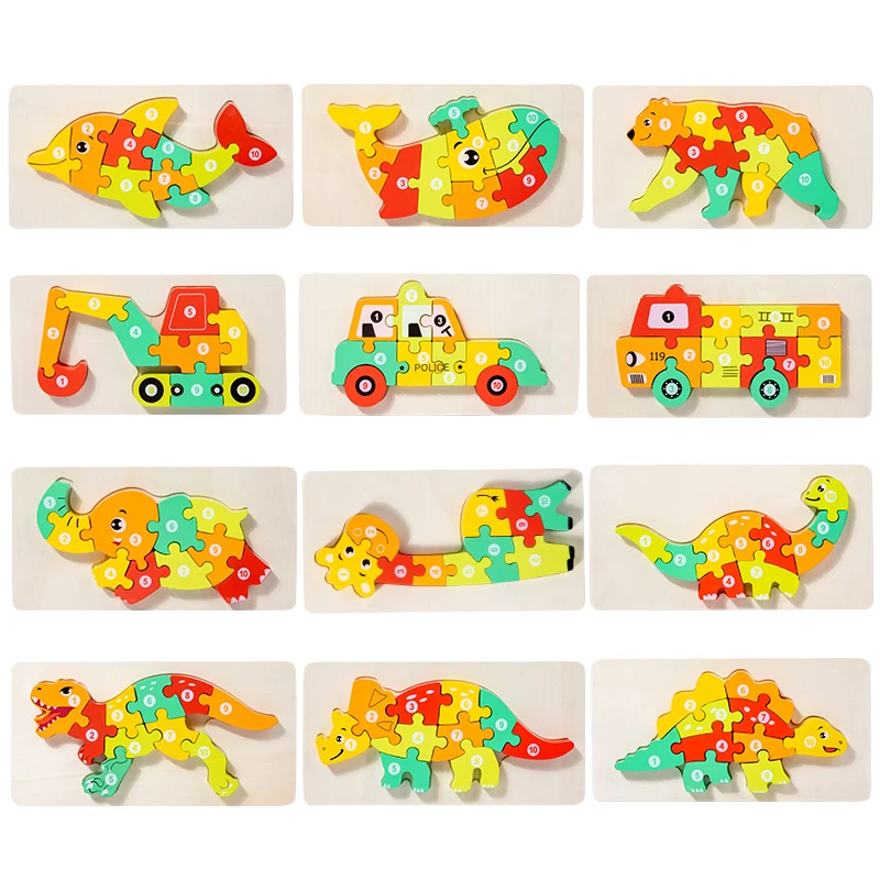 New design Montessori 12 style wooden 3D Dinosaur Car puzzle board Animal Learning Puzzles Game
