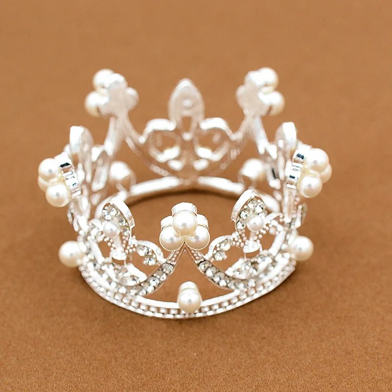Decorative pearl party tiaras full round crowns birthday cake small mini plastic metal crown tiara