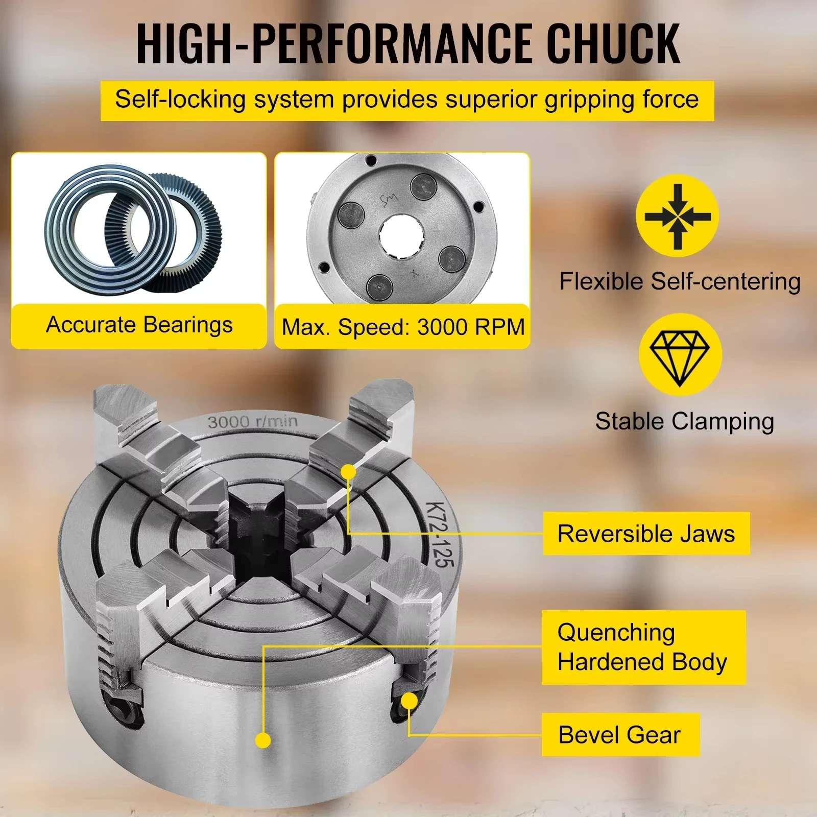 4 Jaw Manual Lathe Chuck 125mm K72-100 K72-125 Independent Reversible Mounting Screw for Wood Turning CNC Drilling