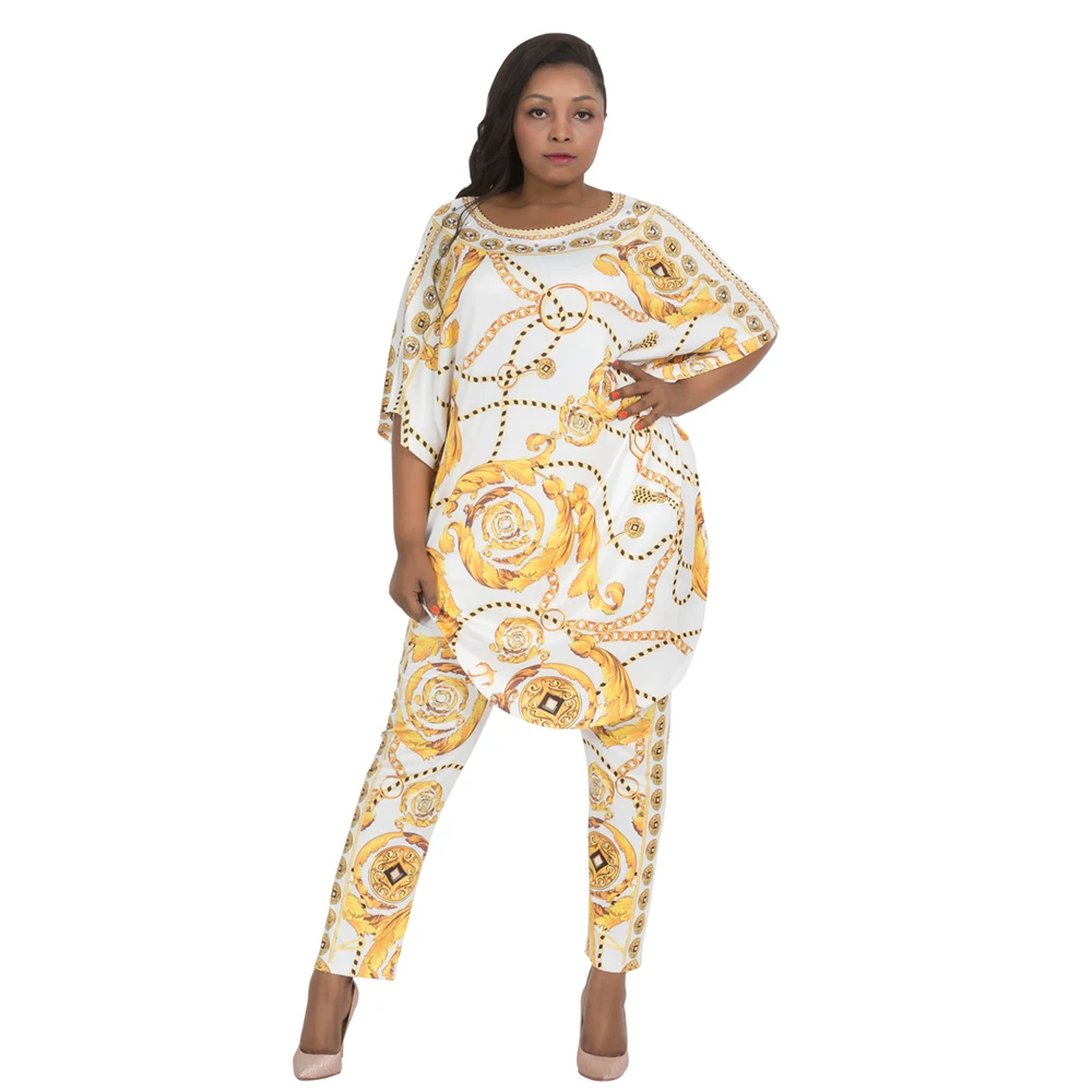 
Batwing Kaftan Plus Size Maxi Crystal Crystal Dress Suit Set Print Boubou Loose Africa Clothing Suit 