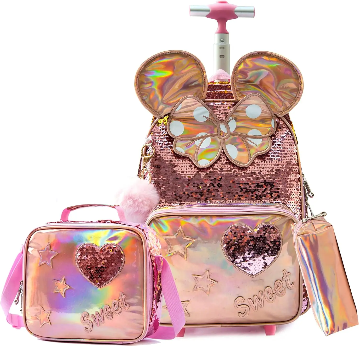 Teenagers Rolling PU Leather Backpack Girls School Backpack with Lunch Bag for Elementary Student Wheels Roller Trolley Luggage