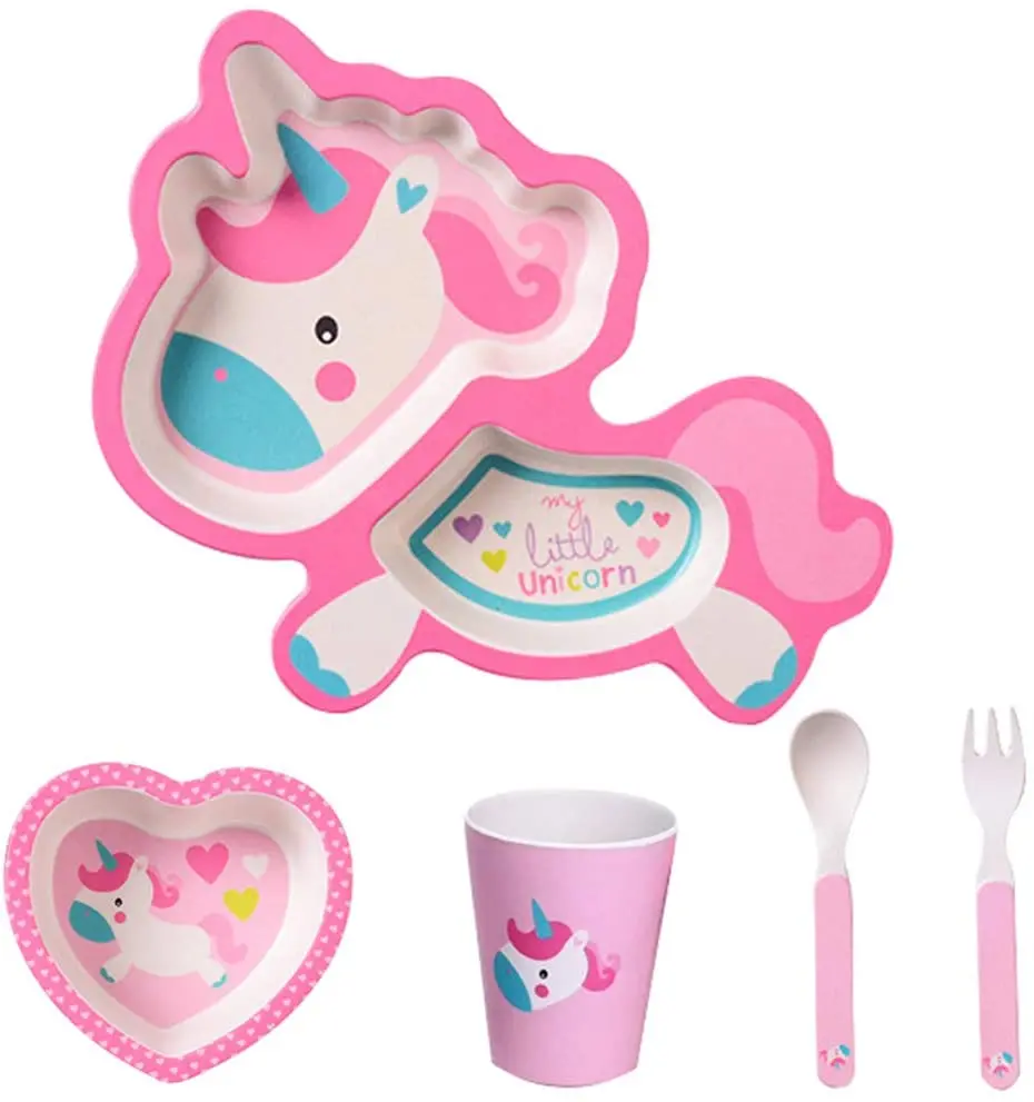 Eco-friendly Bamboo Unicorn 5-Piece Toddler Kids Mealtime Tableware Set BPA Free Children Baby Divided Plates Set