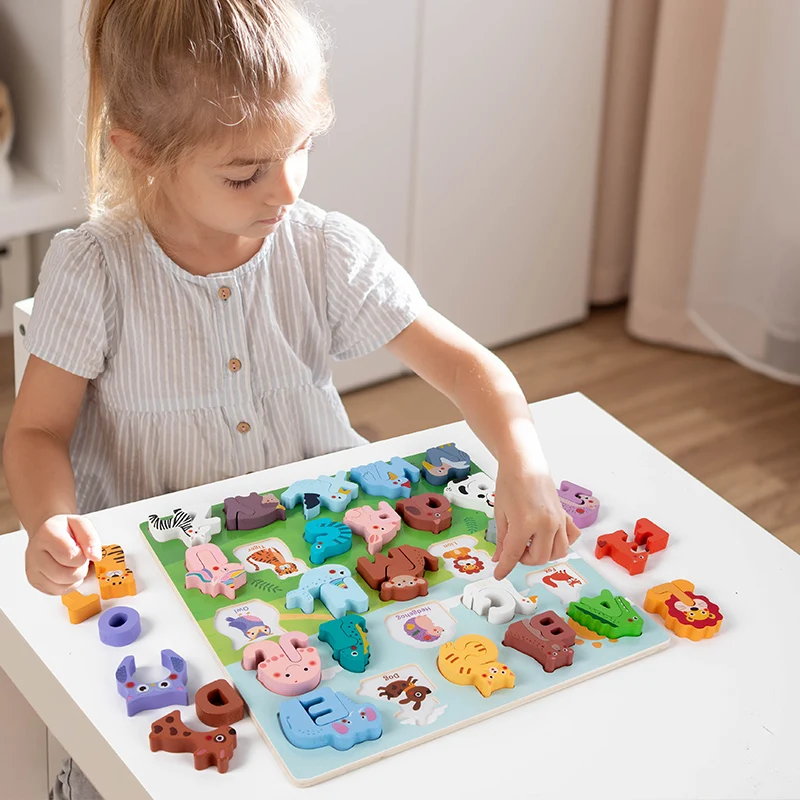 CPC EN71 Children English Learning Wooden Alphabet Puzzle Board Animal Shape Cognitive Kids Wooden Education Puzzle Toy