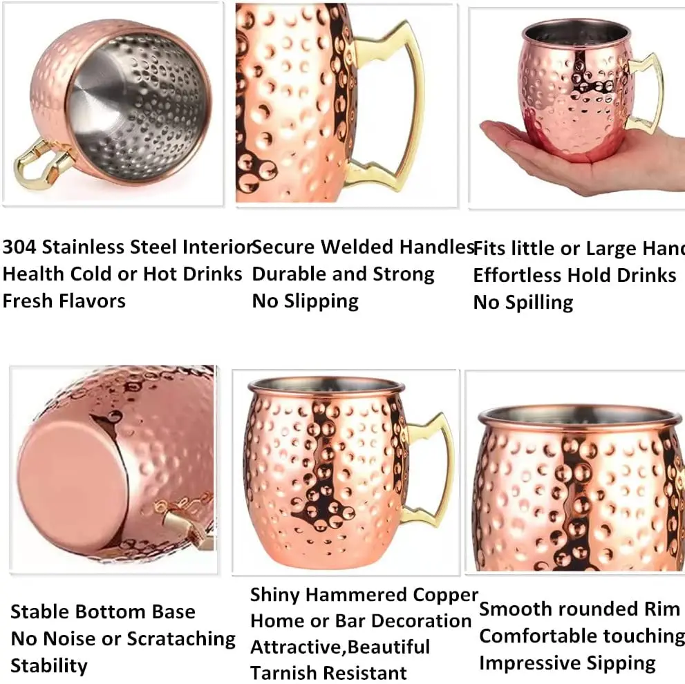 Hot Sell Customized Metal Cocktail Glass 16 oz Hammered Moscow Mule Copper Mug Stainless Steel Moscow Mule Mug