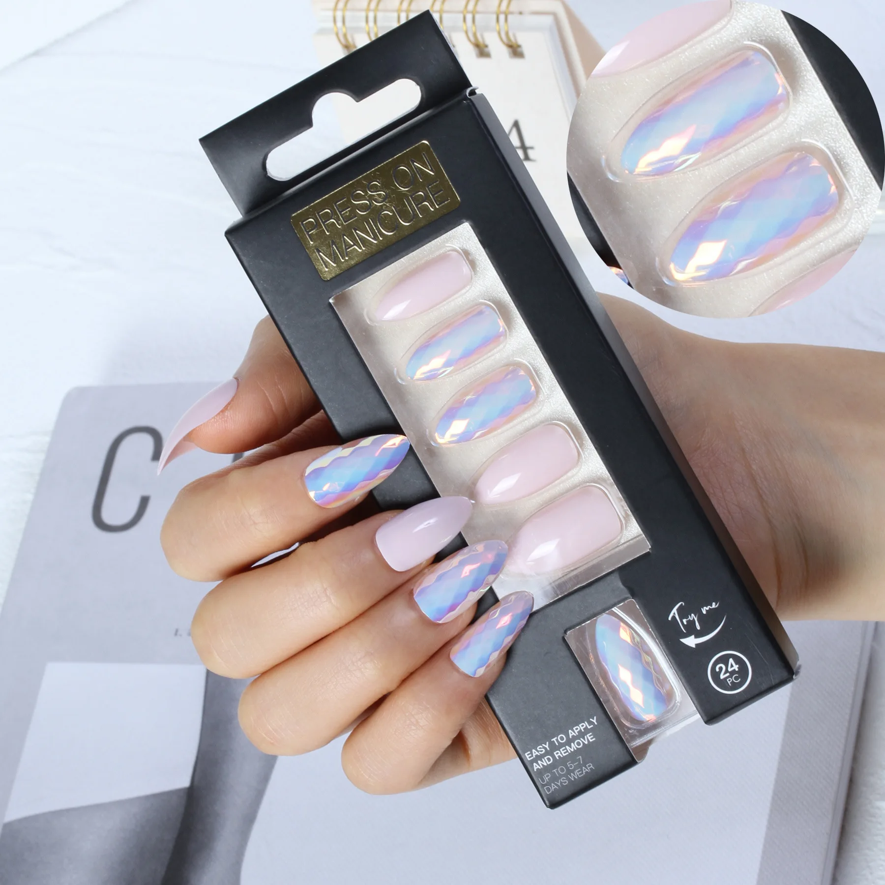 24pcs Artificial Nails Mini Package Magic Mirror Effect Short Almond Press On Nails Wholesale