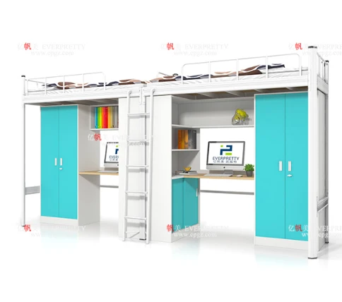 School Furniture High School Dormitory Loft Bed with Wardrobe School Metal Bunk Bed with Study Desk and Cabinet for Student