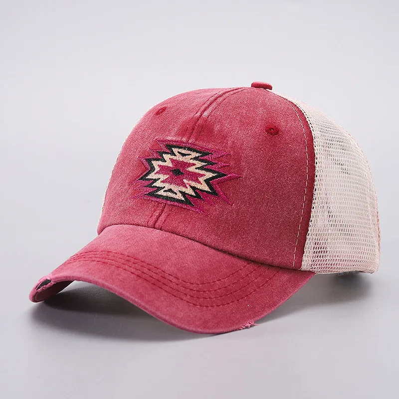 Embroidery Aztec High Pony Baseball Hat Mesh Hat Washed Cotton Distressed Baseball Cap Ponytail Hats Sunhat Custom Logo