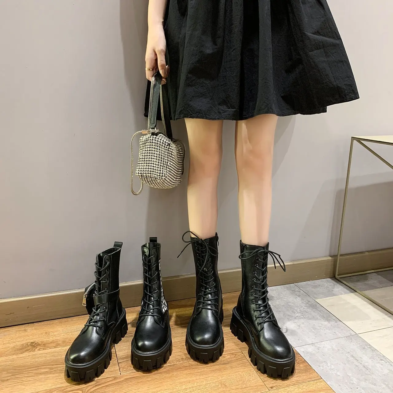 Fashion Lady Luxury Genuine Leather Platform Goth Ladies Martin High Heel Lace Up Ankle Boots Women