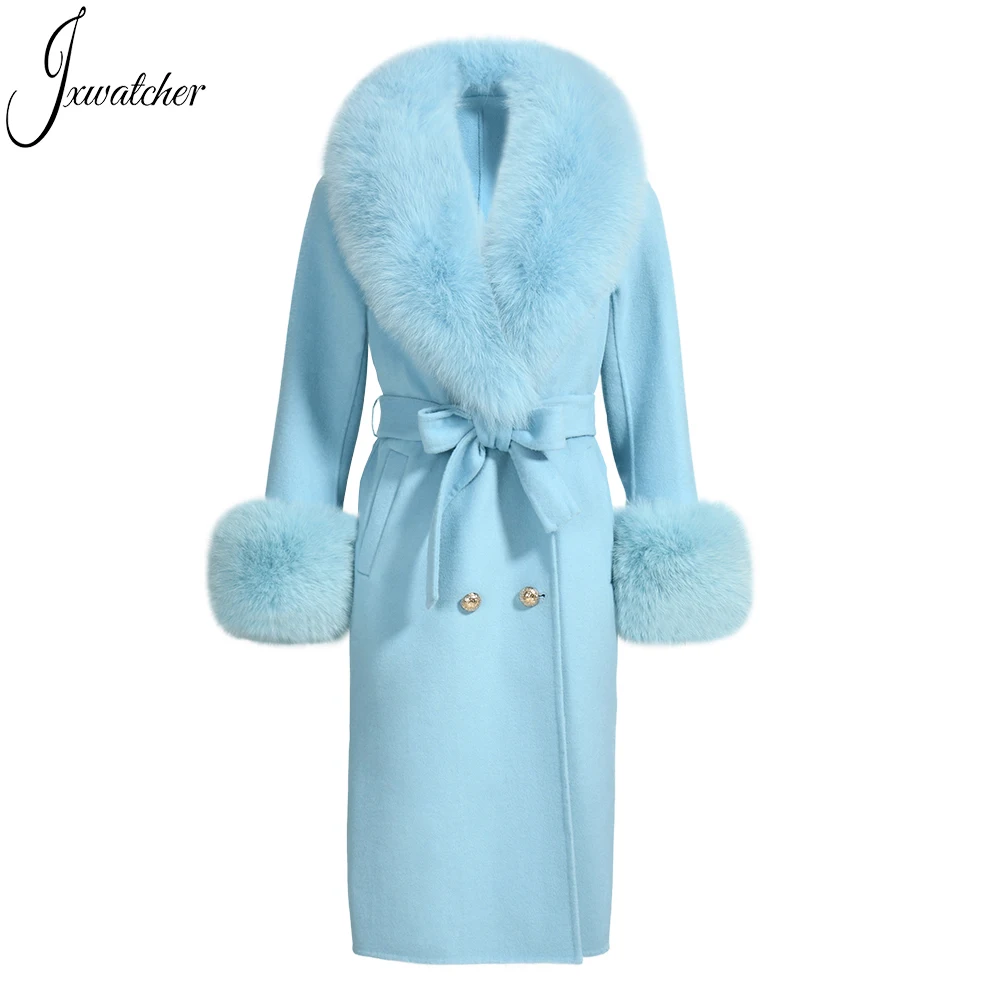 OEM ODM Custom 2021 Long Trench Coat with Belt Luxury Big Real Fox Fur Collar Cuffs Handmade Women Cashmere Wool Coat Custom