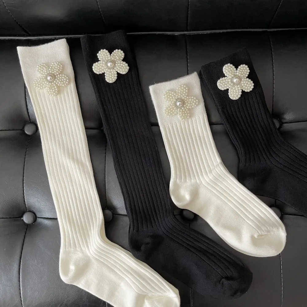 High quality white mid calf creative socks luxury black socks women long socks with pearls