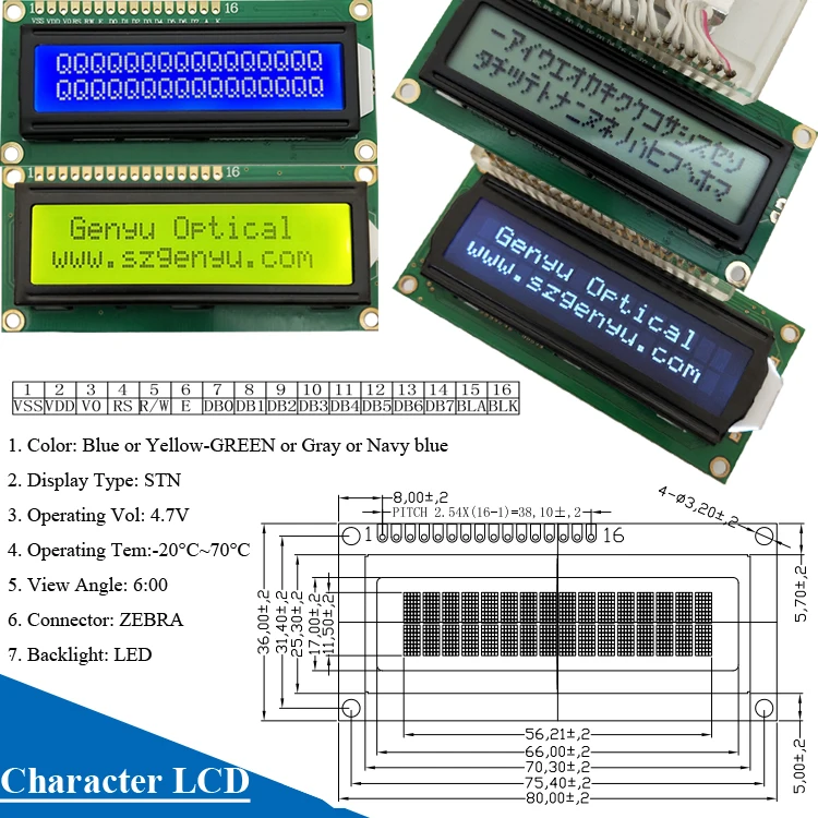 5.0V STN White Gray Blue Character Display LCD 1602 Character LCM COB Screen 2x16 LCD Display