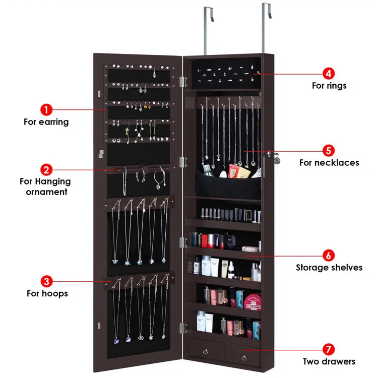 Lockable Standing Storage Jewelry Cabinet With Mirror