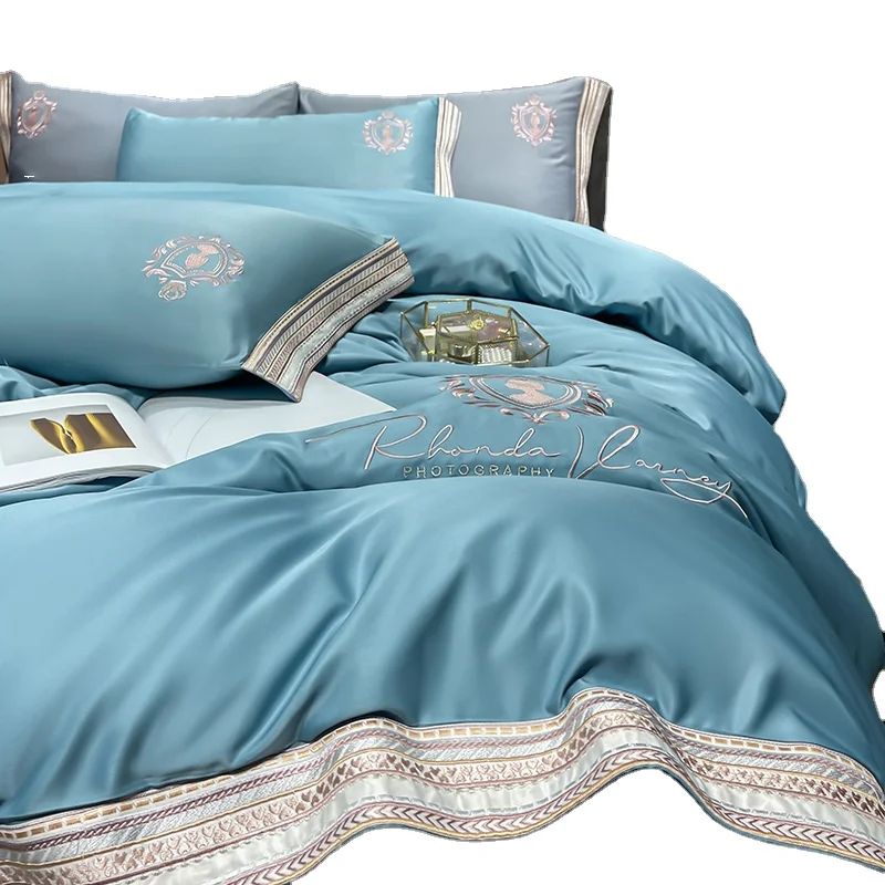 Новый стиль, легкие роскошные летние шелковые простыни для сна телесного цвета из четырех частей, Шелковый пододеяльник с вышивкой