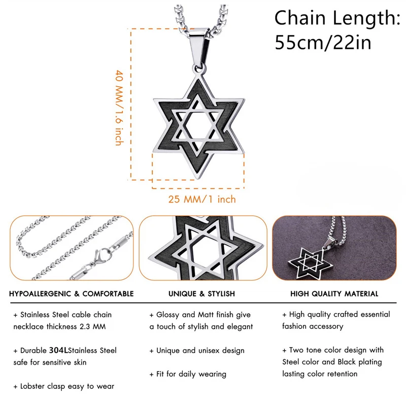 Fashion Stainless Steel Silver Hexagrams Star necklace Religious Amulet Men Statement Israel Star of David Pendant Necklace