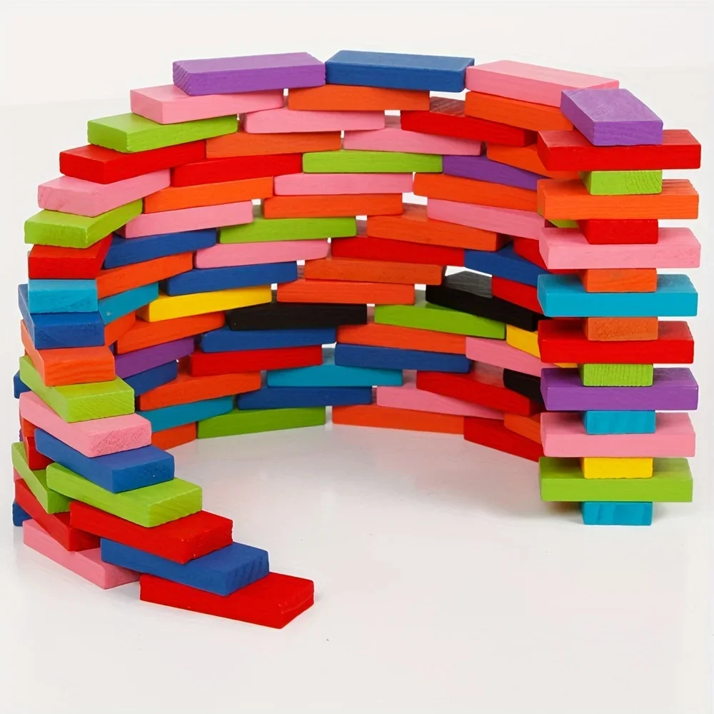 120pcs Colored Wooden Toys Domino Building Blocks Fun Puzzle Toy Early Educational Dominoes  for Kids 5-7 Years Rainbow Colours