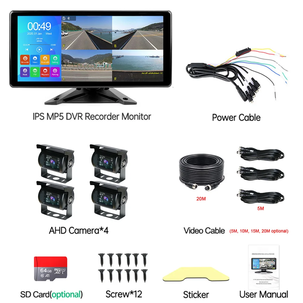 4CH AHD 1080P 360 Reverse Aid truck Safety System Portable Android Touch Screen 10.36 Inch Truck Carplay DVR