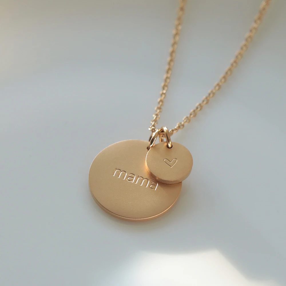 mama jewelry custom stainless steel matte finish 18K gold plated disc charm coin necklace mama necklace