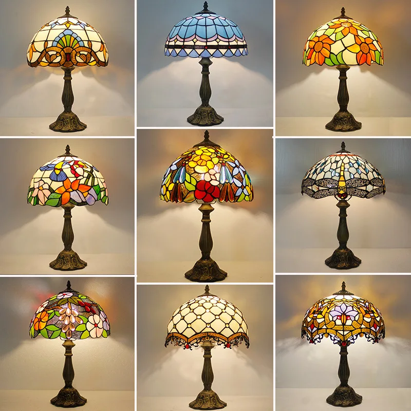 Wholesale Retro Tiffany 8-inch Led Lighting Art Colorful Round Glass Lampshade Home Classical Table Lamp